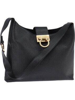 Salvatore Ferragamo Gancini Shoulder Bag Leather Black Gold